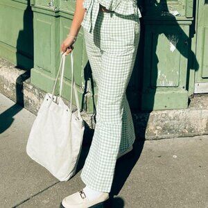 American Eagle Women Regular Fit Gingham Pattern Wide Leg Pants, Green